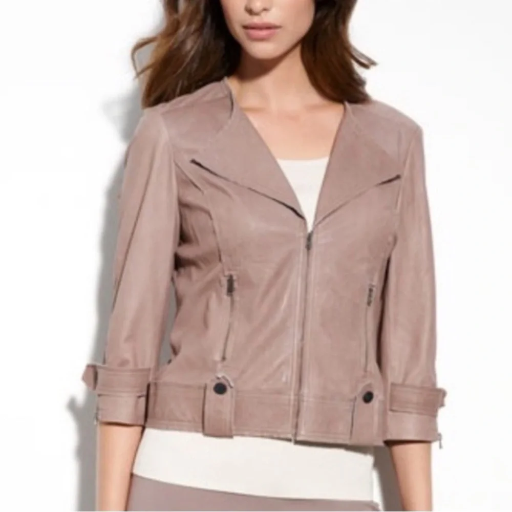 St. John Women's Taupe Lightweight Leather Jacket sz 4 - Picture 16 of 16